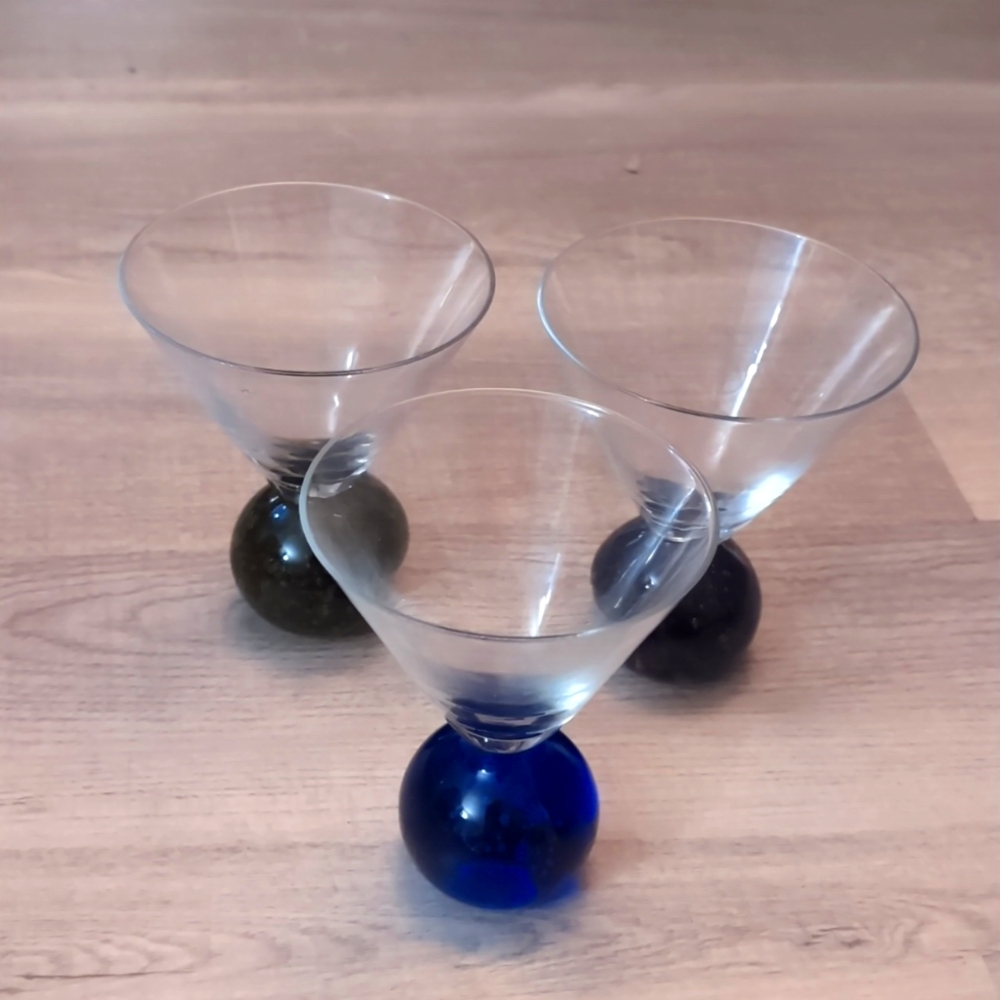 This is a Set of 3 Vintage Stemless Cosmopolitan or Martini Glasses, hand blown
